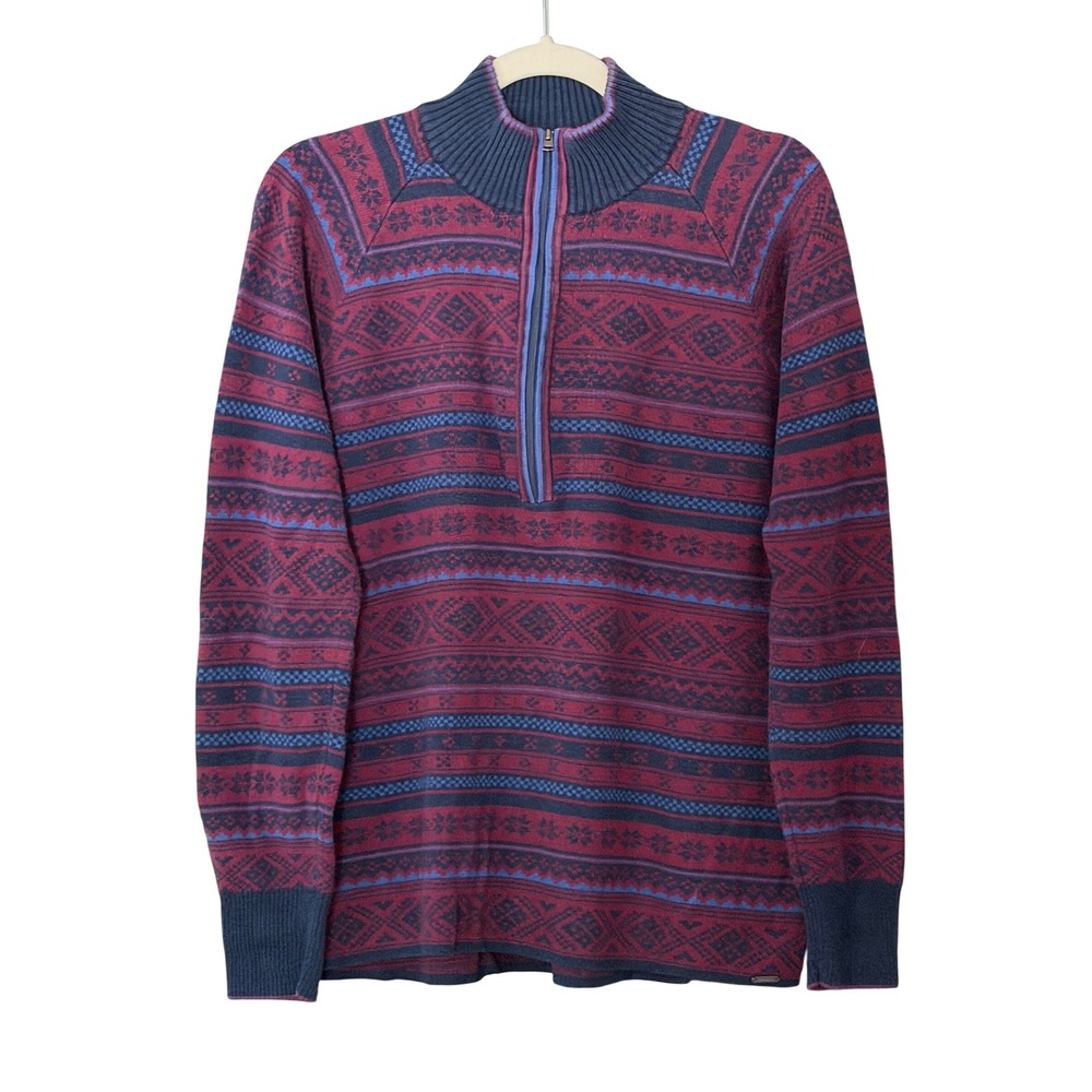 VTG Eddie Bauer Women's L Plum Navy Fair Isle Y2K Quarter Zip Sweater | SKU 1085